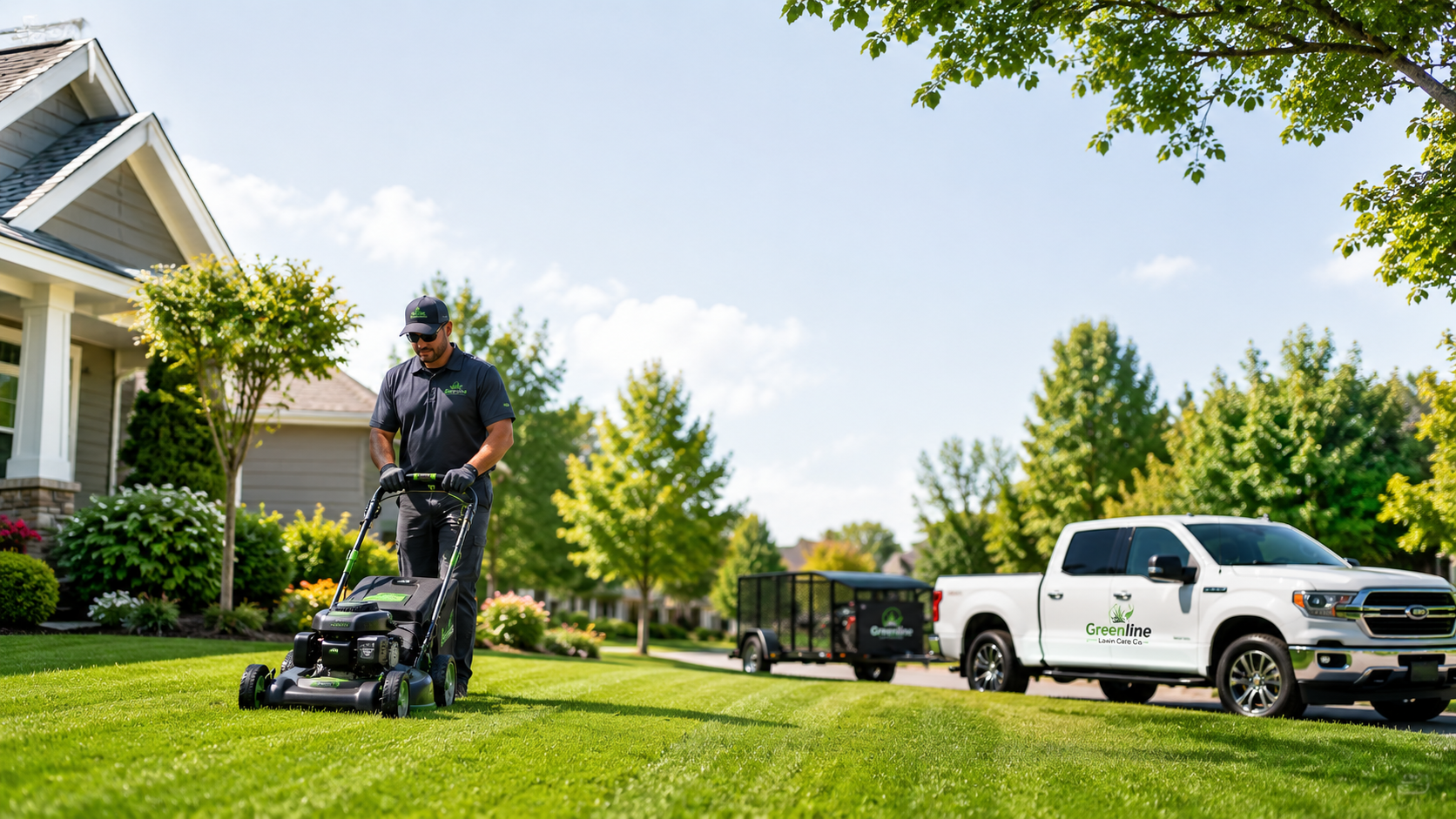 Freshly mowed residential lawn with clean, even cut lines