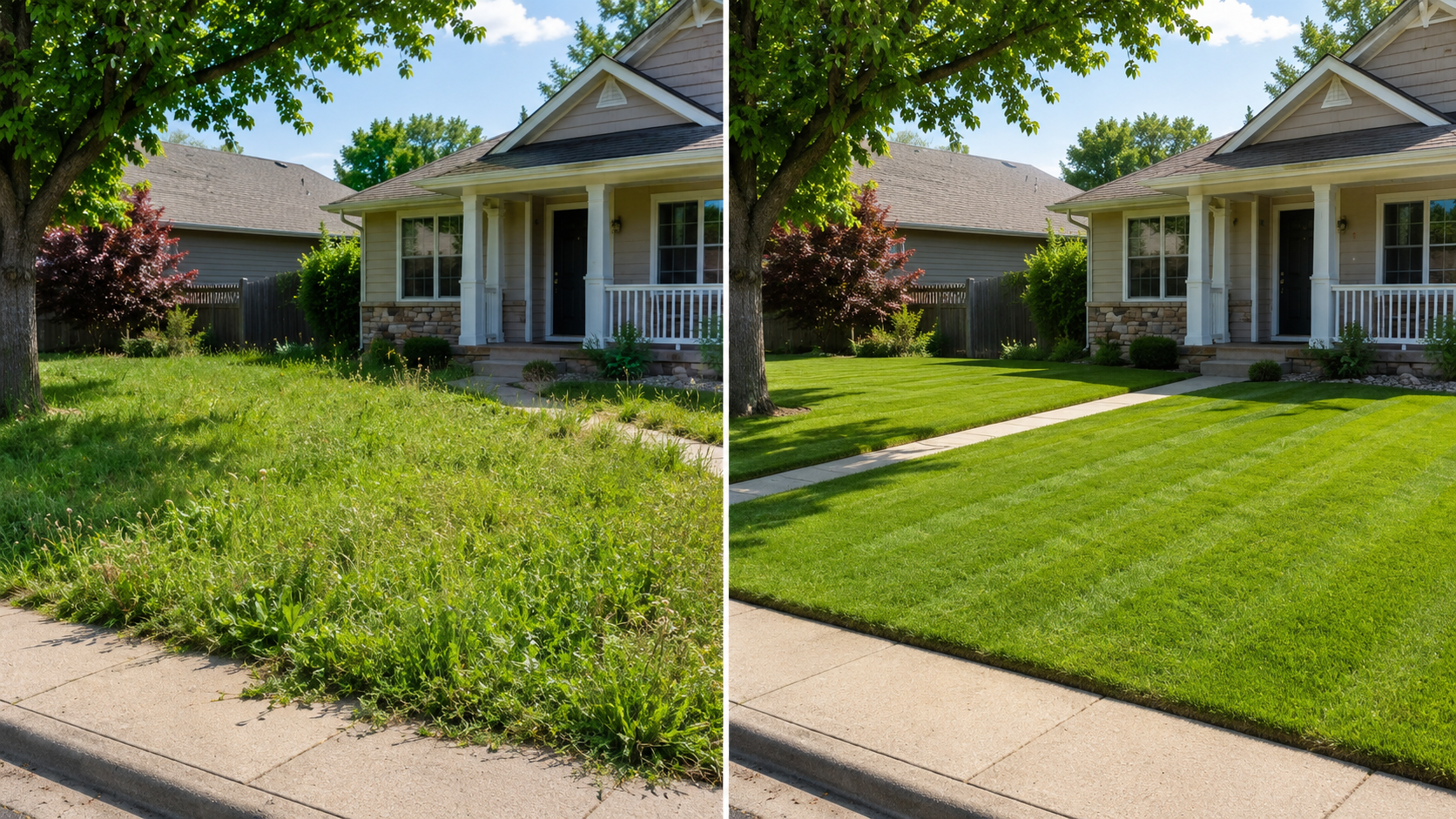 Overgrown lawn before and after professional cleanup service